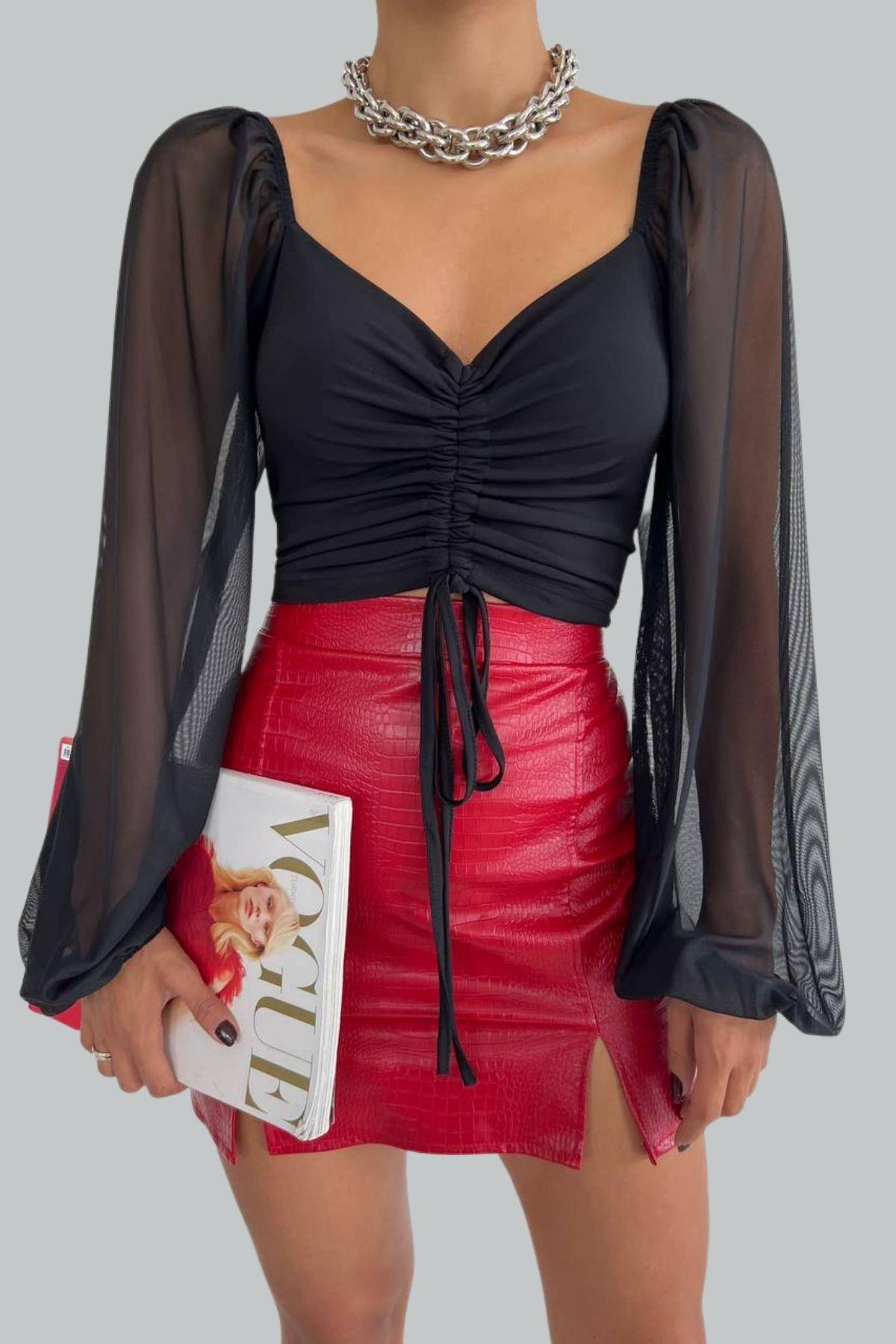 Büzgülü Kolu Tüllü Bluz Siyah