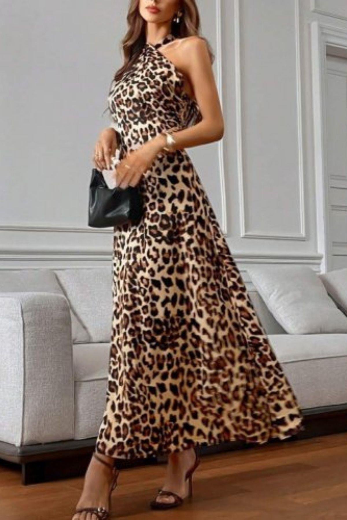 Çapraz Bağlama Detaylı Desenli Süprem Elbise Leopar