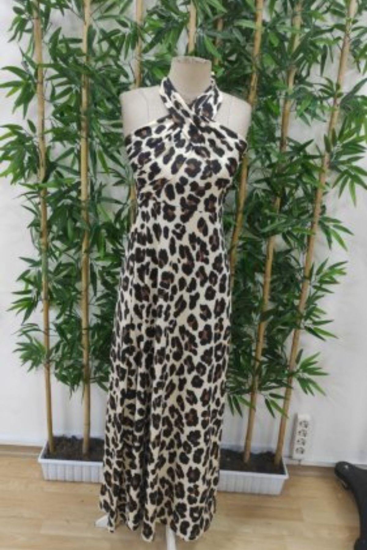 Çapraz Bağlama Detaylı Desenli Süprem Elbise Leopar