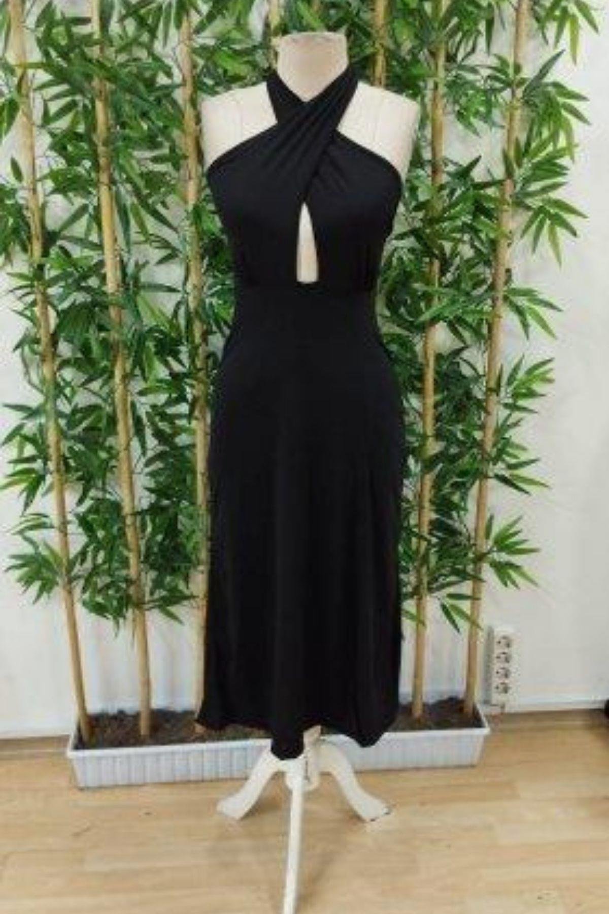 Çapraz Yaka ve Sırt Dekolteli Siyah Midi Elbise
