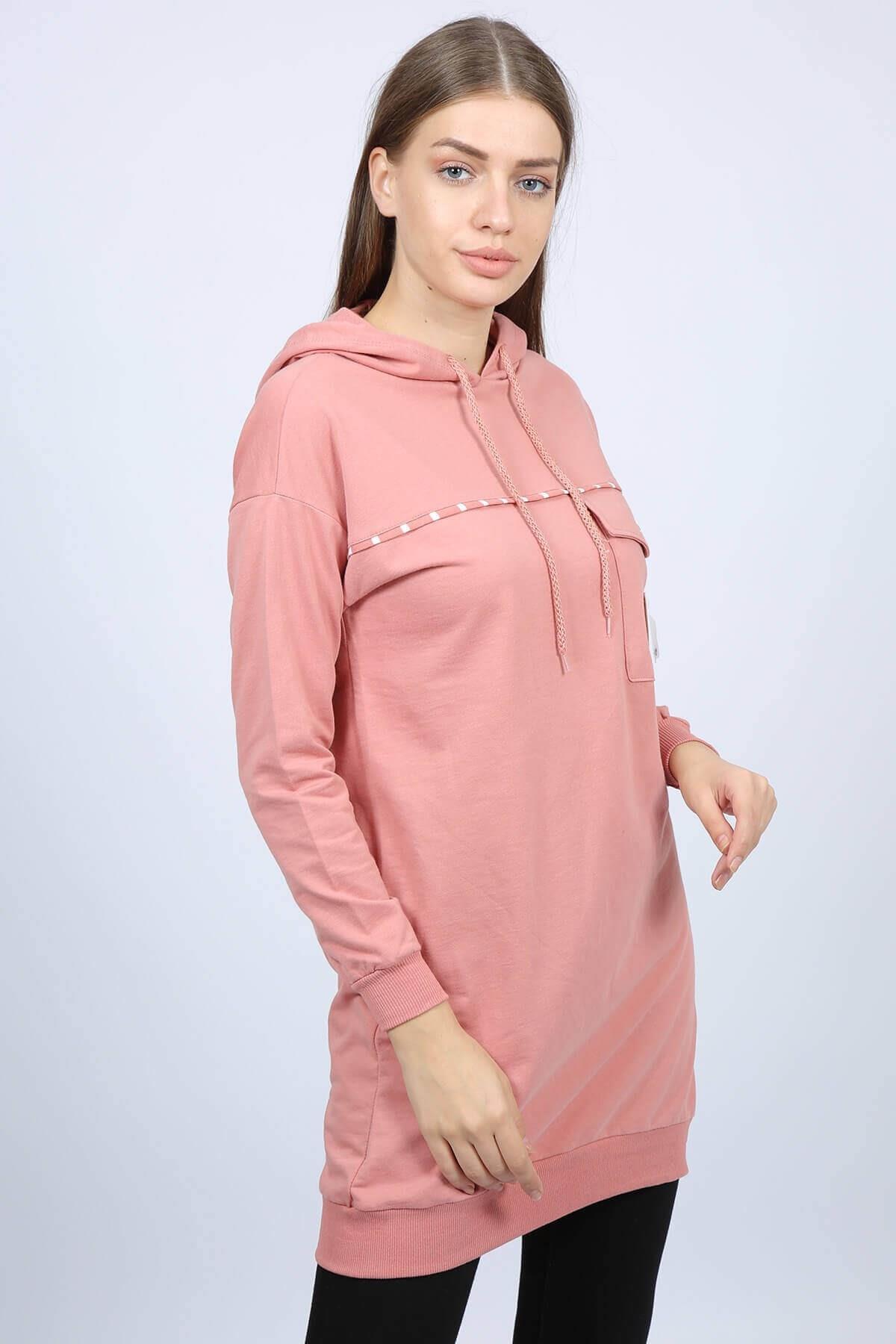 Cep Detaylı Kapüşonlu Tunik Pembe