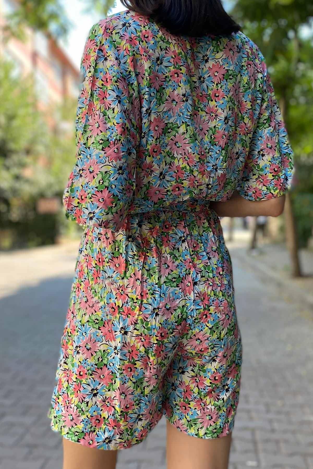 Çiçekli Çıtır Desen Tulum Pembe