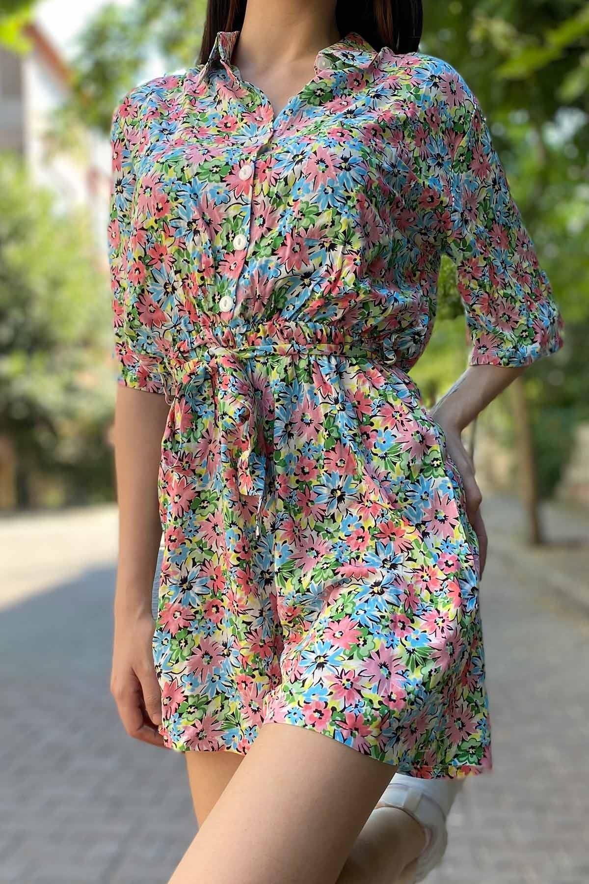 Çiçekli Çıtır Desen Tulum Pembe