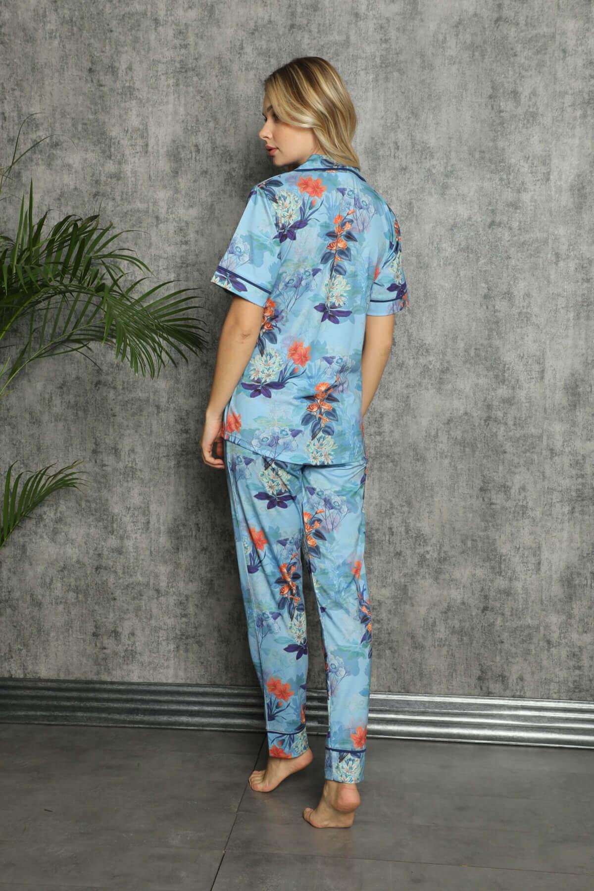 Çiçekli Düğmeli Kısa Kol Pijama Takımı