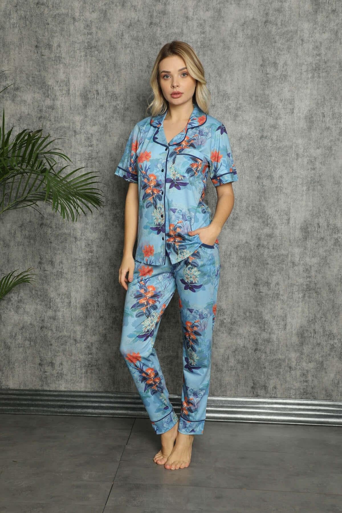 Çiçekli Düğmeli Kısa Kol Pijama Takımı