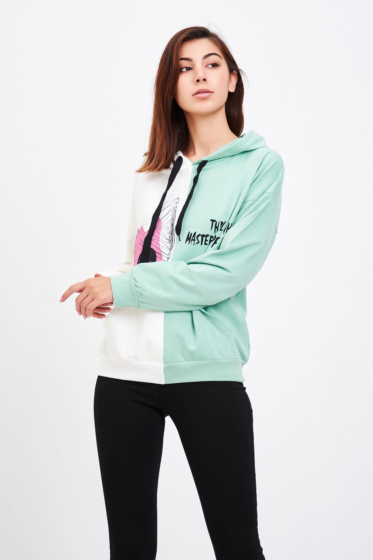Çift Renk Baskılı Sweatshirt Mint
