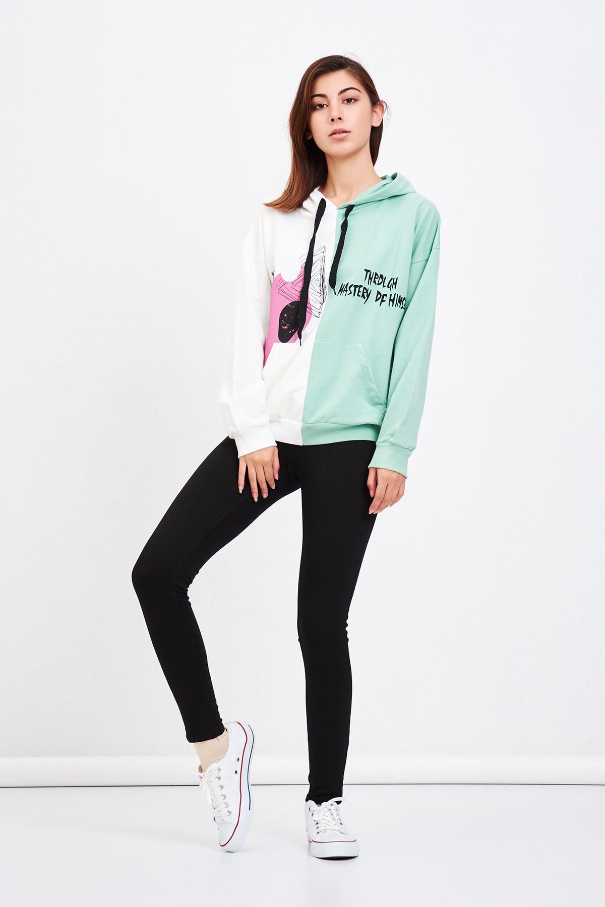Çift Renk Baskılı Sweatshirt Mint