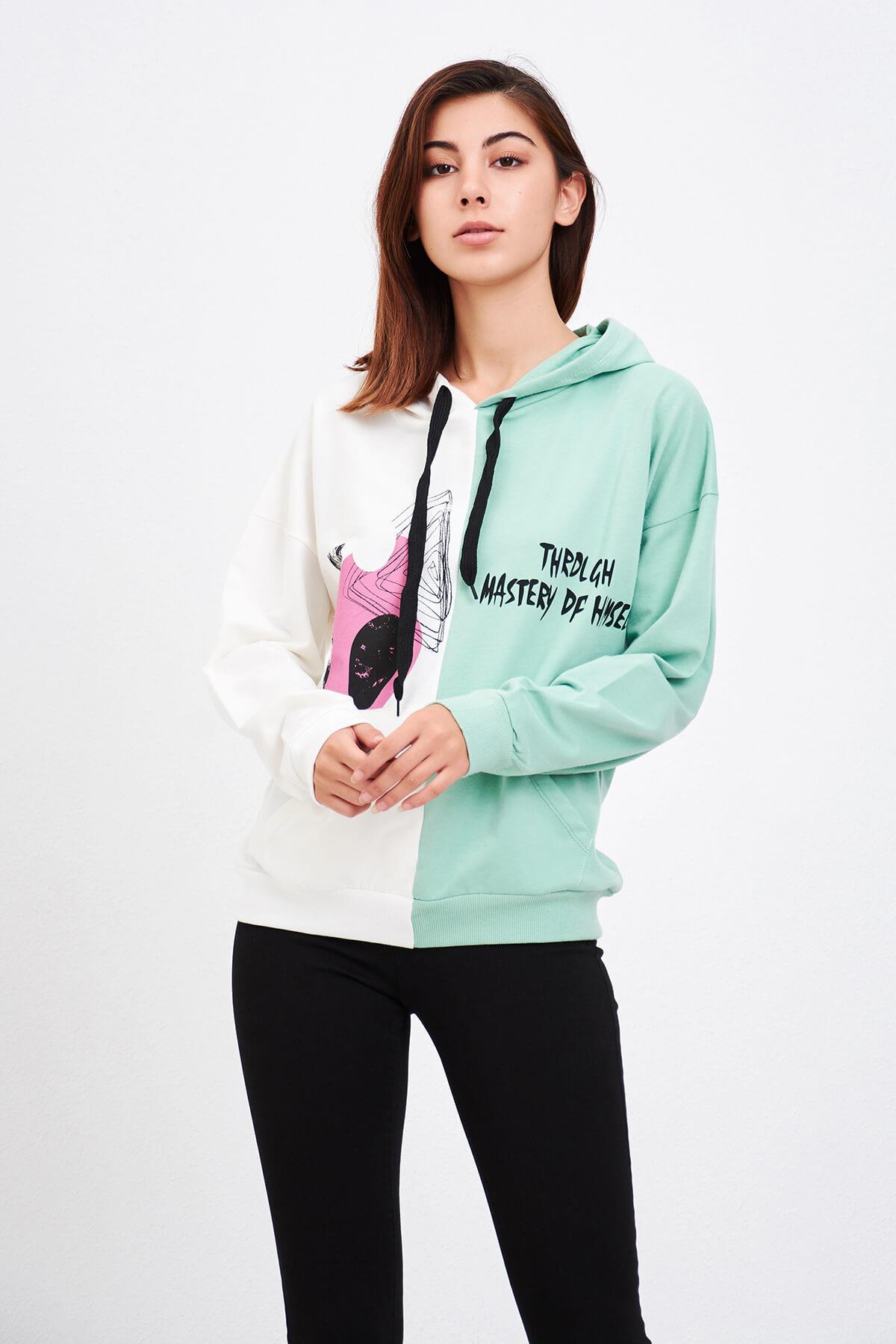 Çift Renk Baskılı Sweatshirt Mint