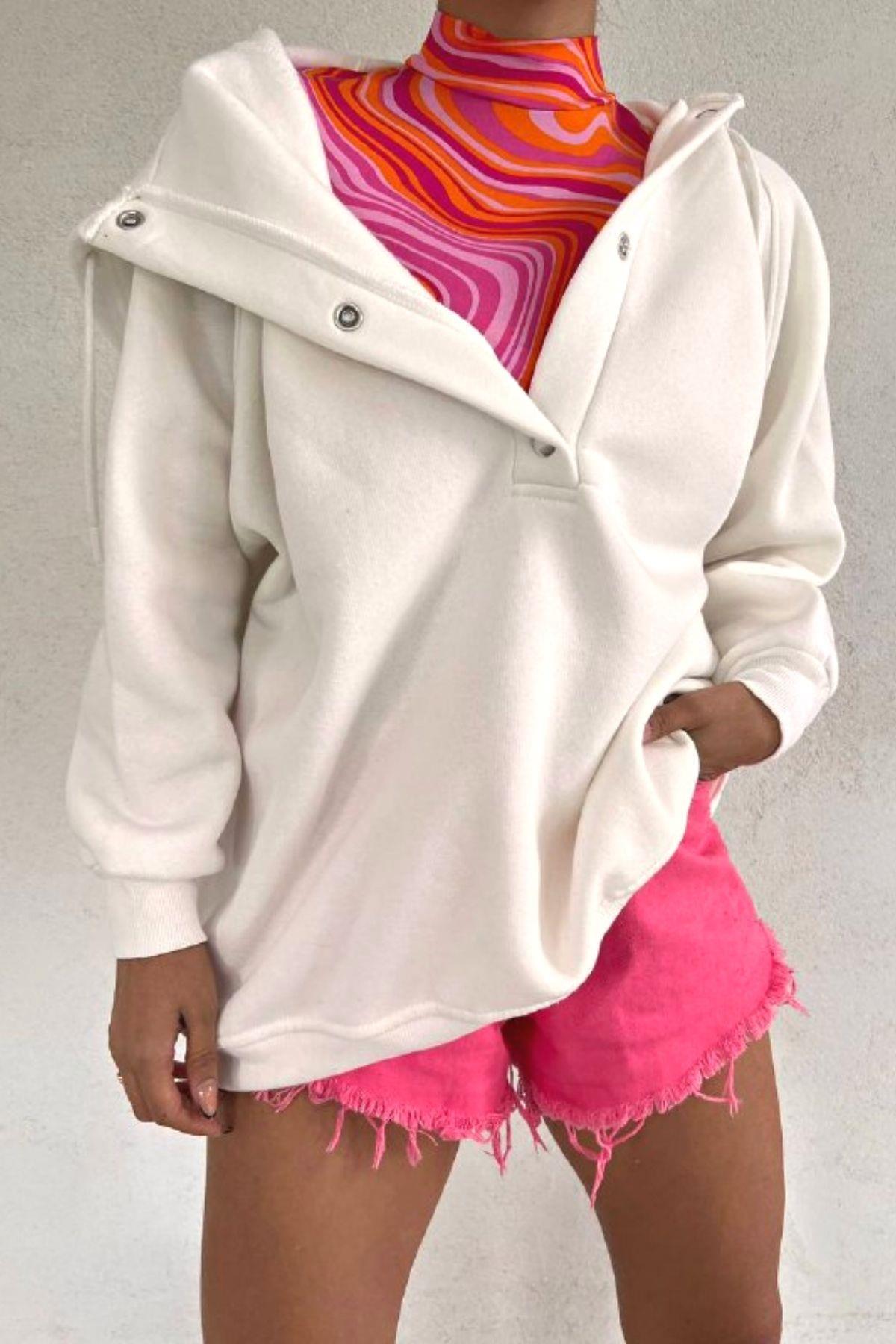 Çıtçıtlı Oversize Sweatshirt Ekru
