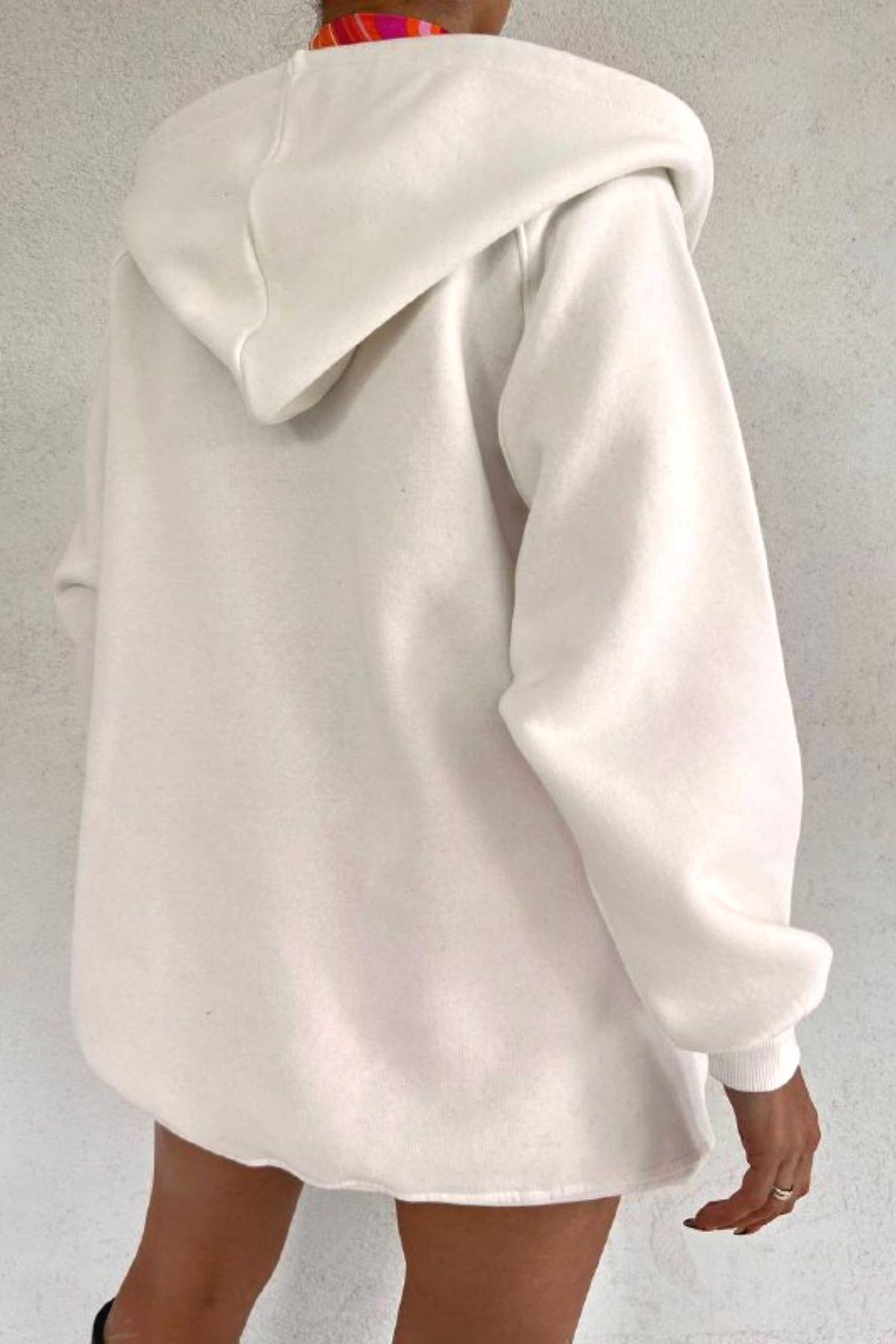 Çıtçıtlı Oversize Sweatshirt Ekru