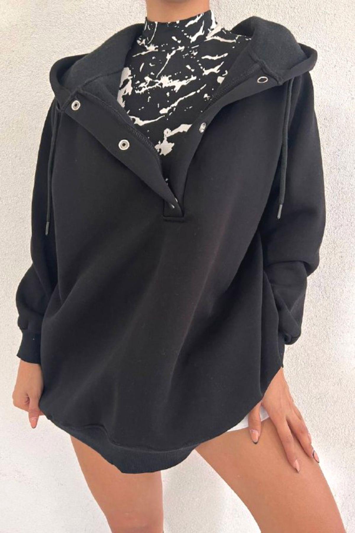 Çıtçıtlı Oversize Sweatshirt Siyah