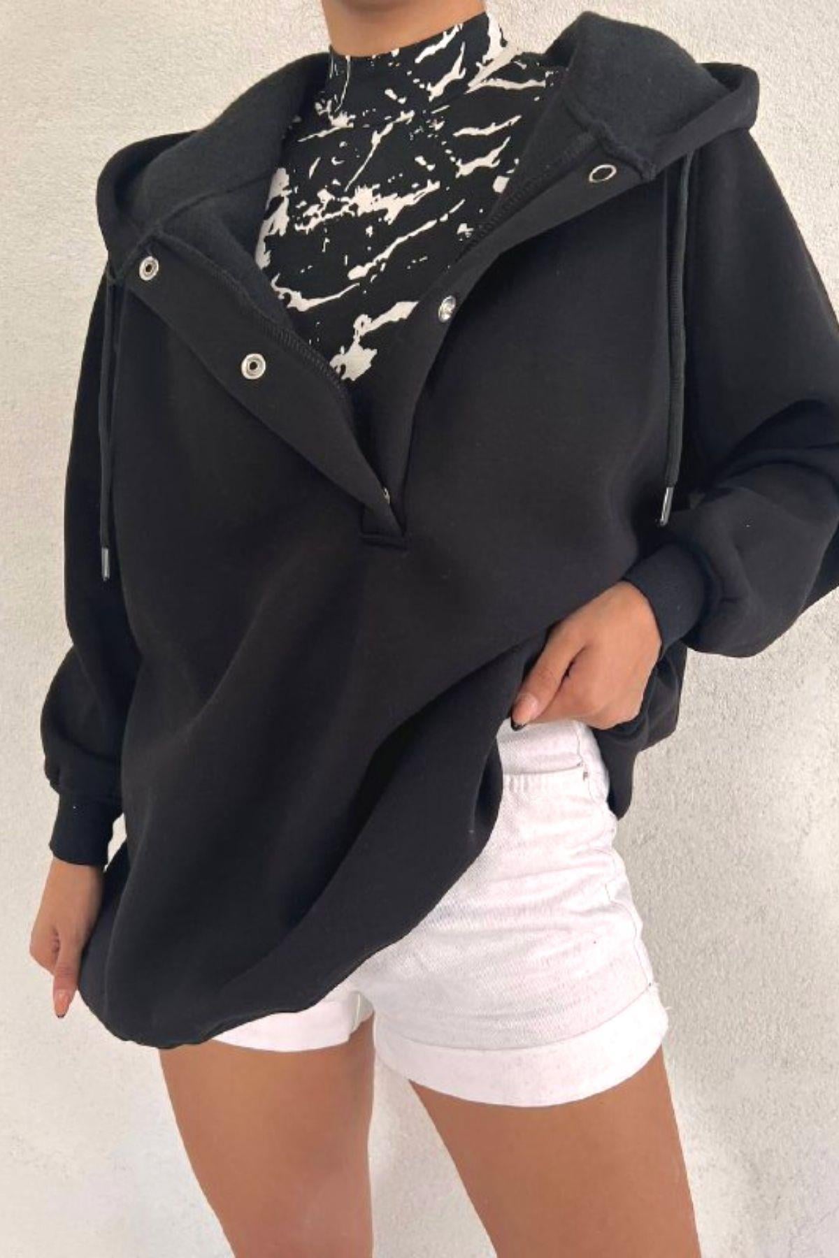 Çıtçıtlı Oversize Sweatshirt Siyah