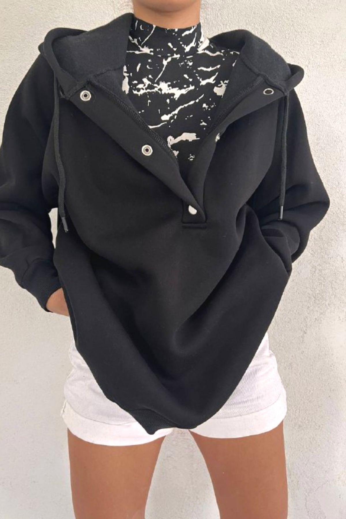 Çıtçıtlı Oversize Sweatshirt Siyah
