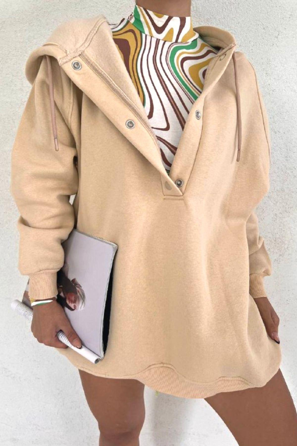 Çıtçıtlı Oversize Sweatshirt Vizon