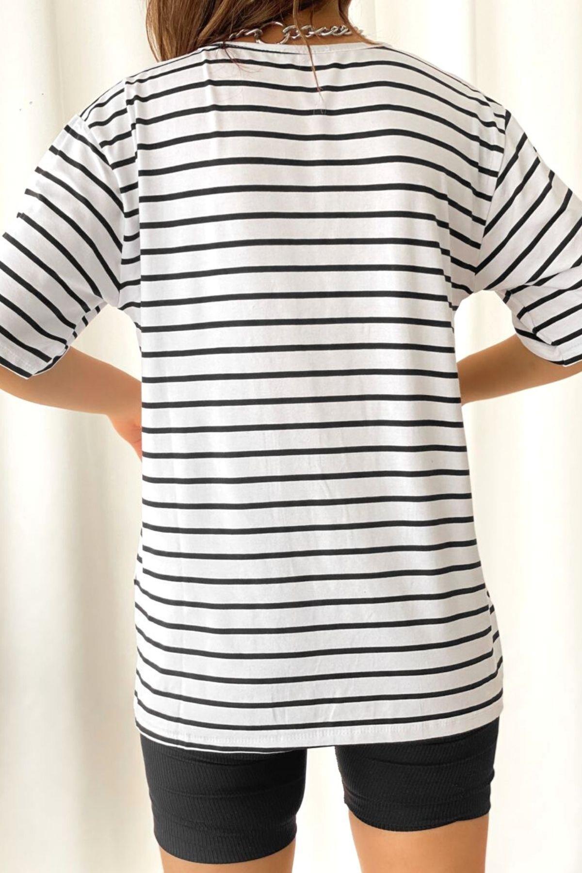 Çizgili Basic Kadın T-Shirt Beyaz