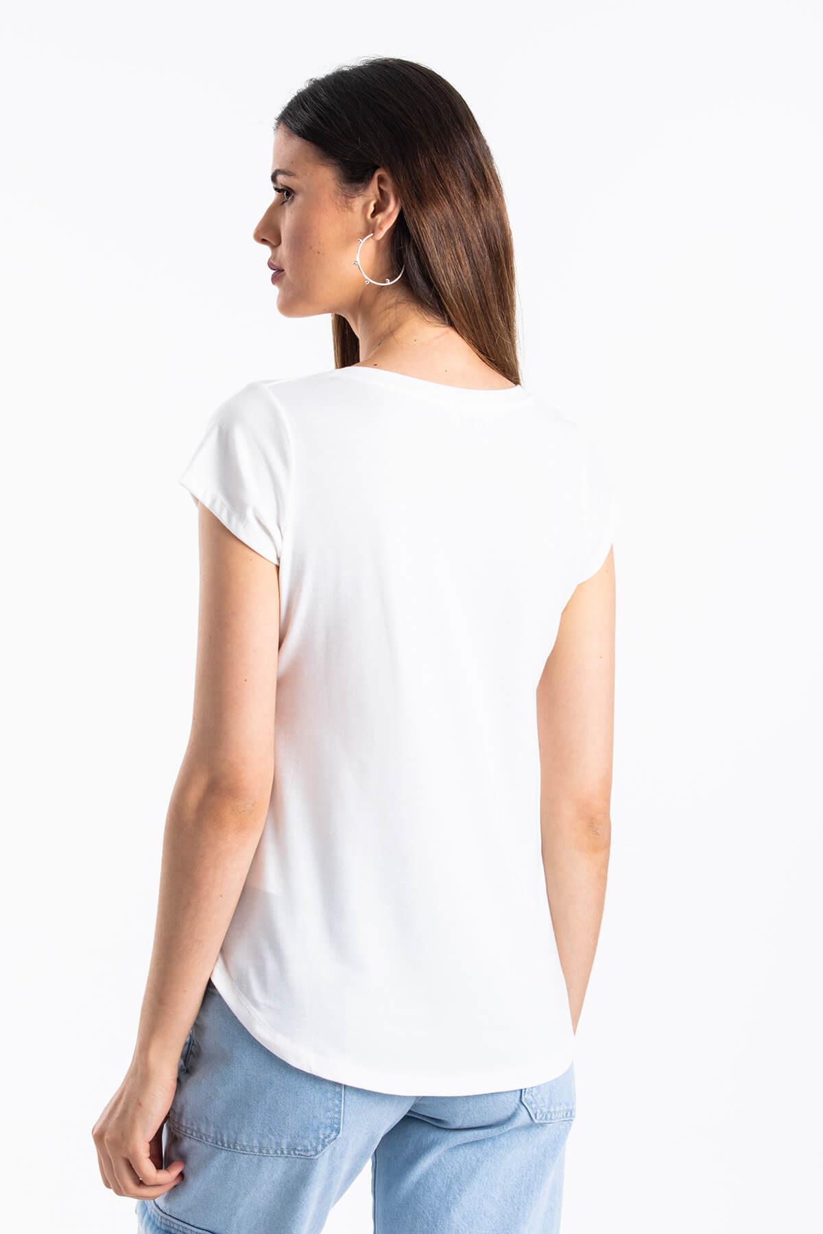 Çizgili Cepli T-Shirt Beyaz