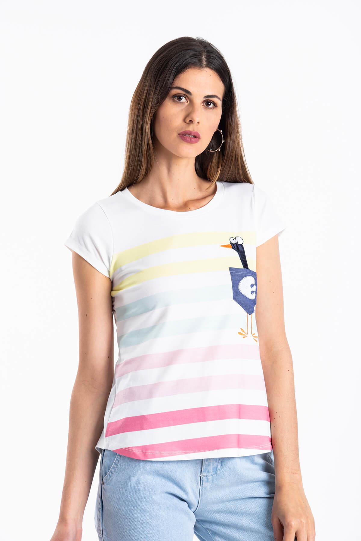 Çizgili Cepli T-Shirt Beyaz
