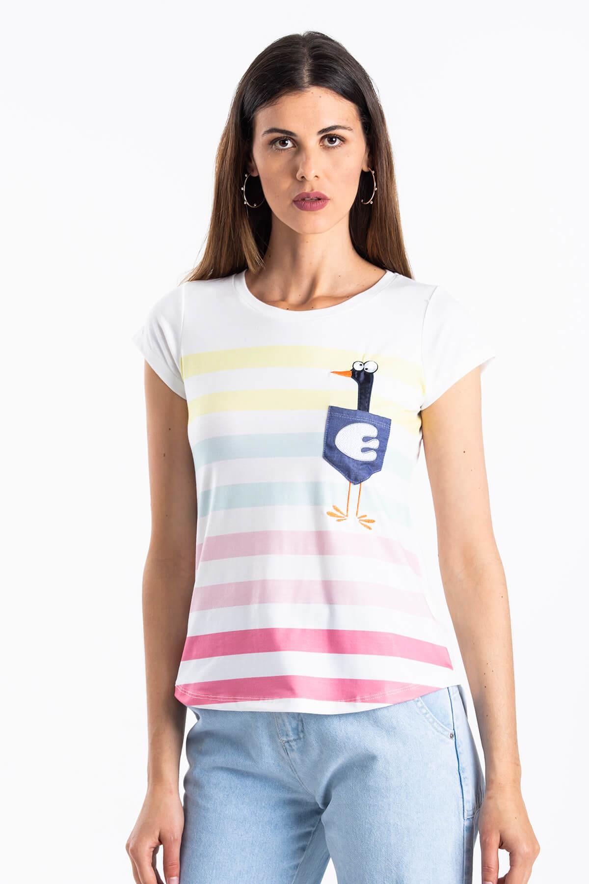 Çizgili Cepli T-Shirt Beyaz