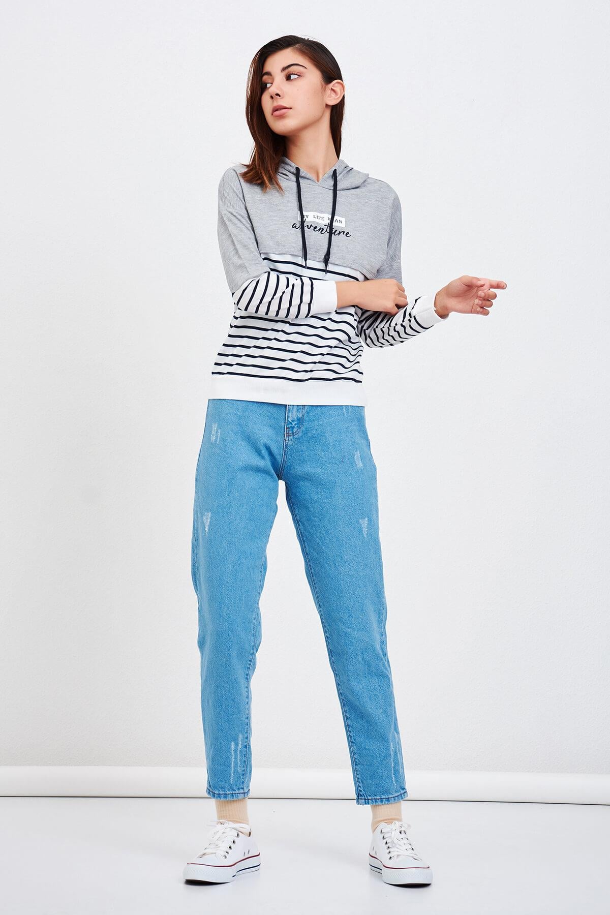 Çizgili Sweatshirt Gri