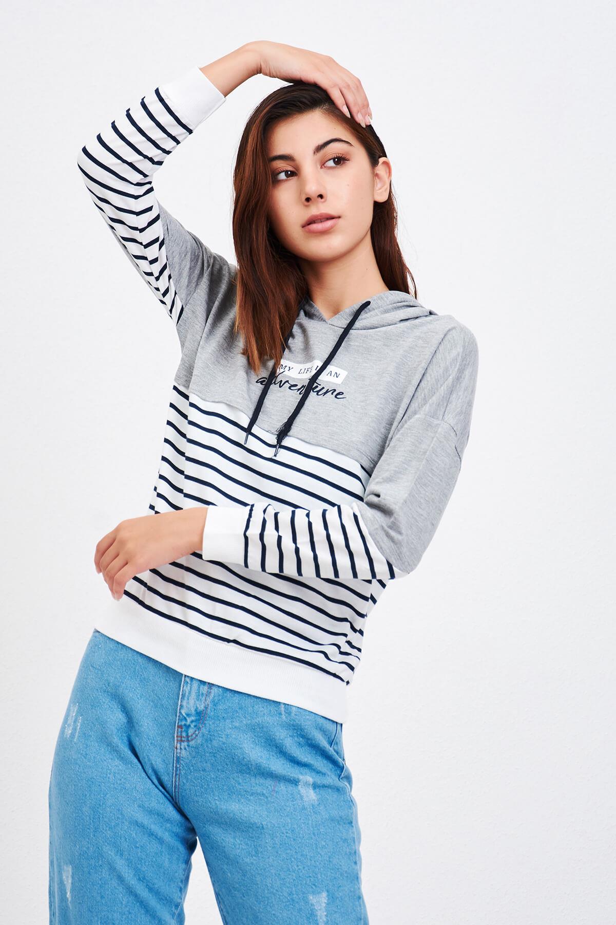 Çizgili Sweatshirt Gri