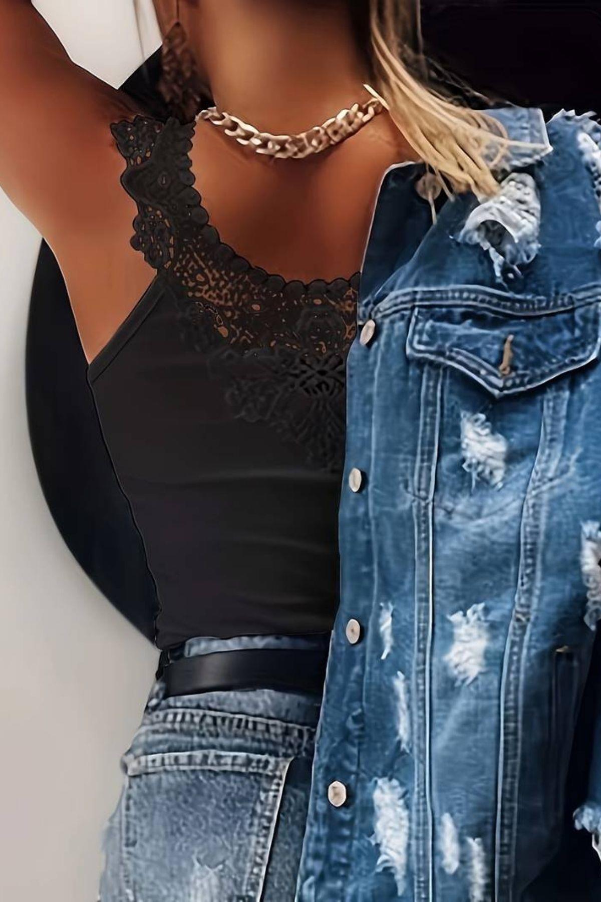 Dantel Yaka Kaşkorse Bluz Siyah