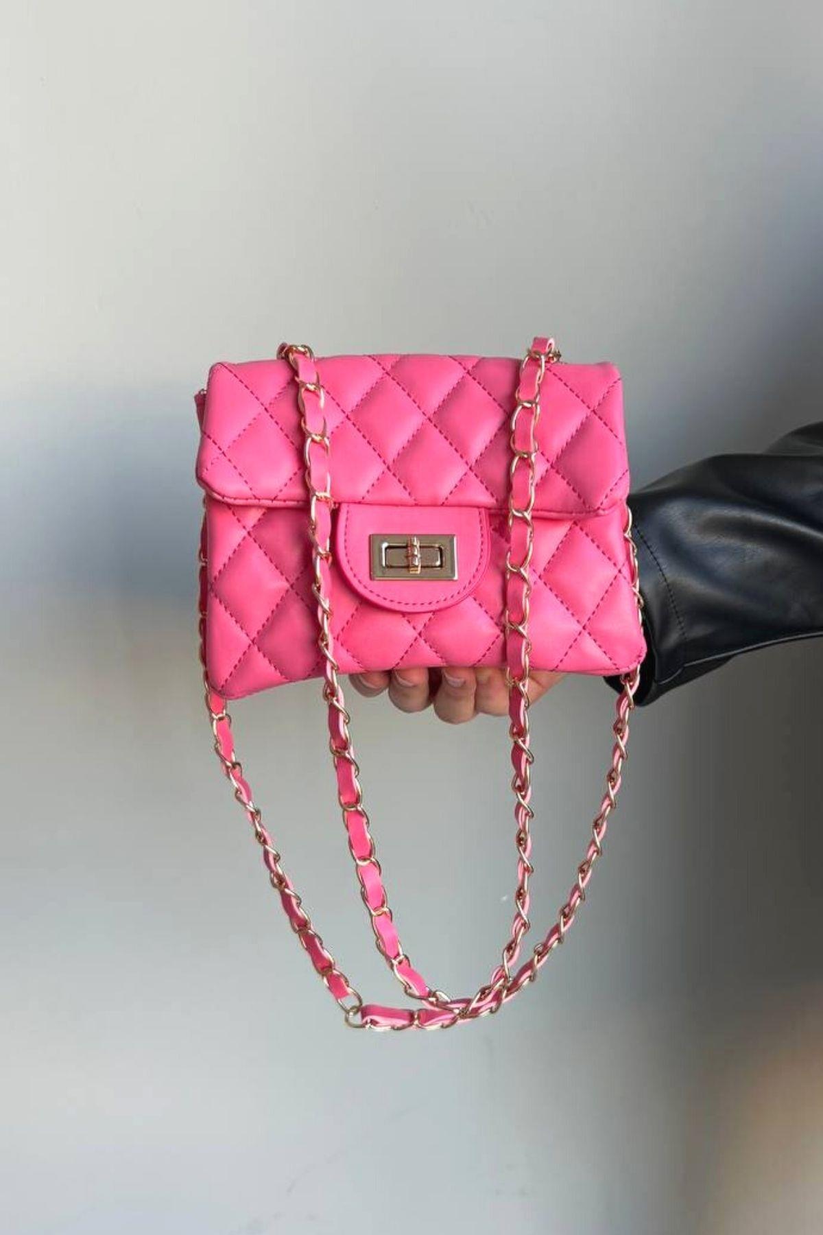 Deri Çapraz Mini Çanta Pembe