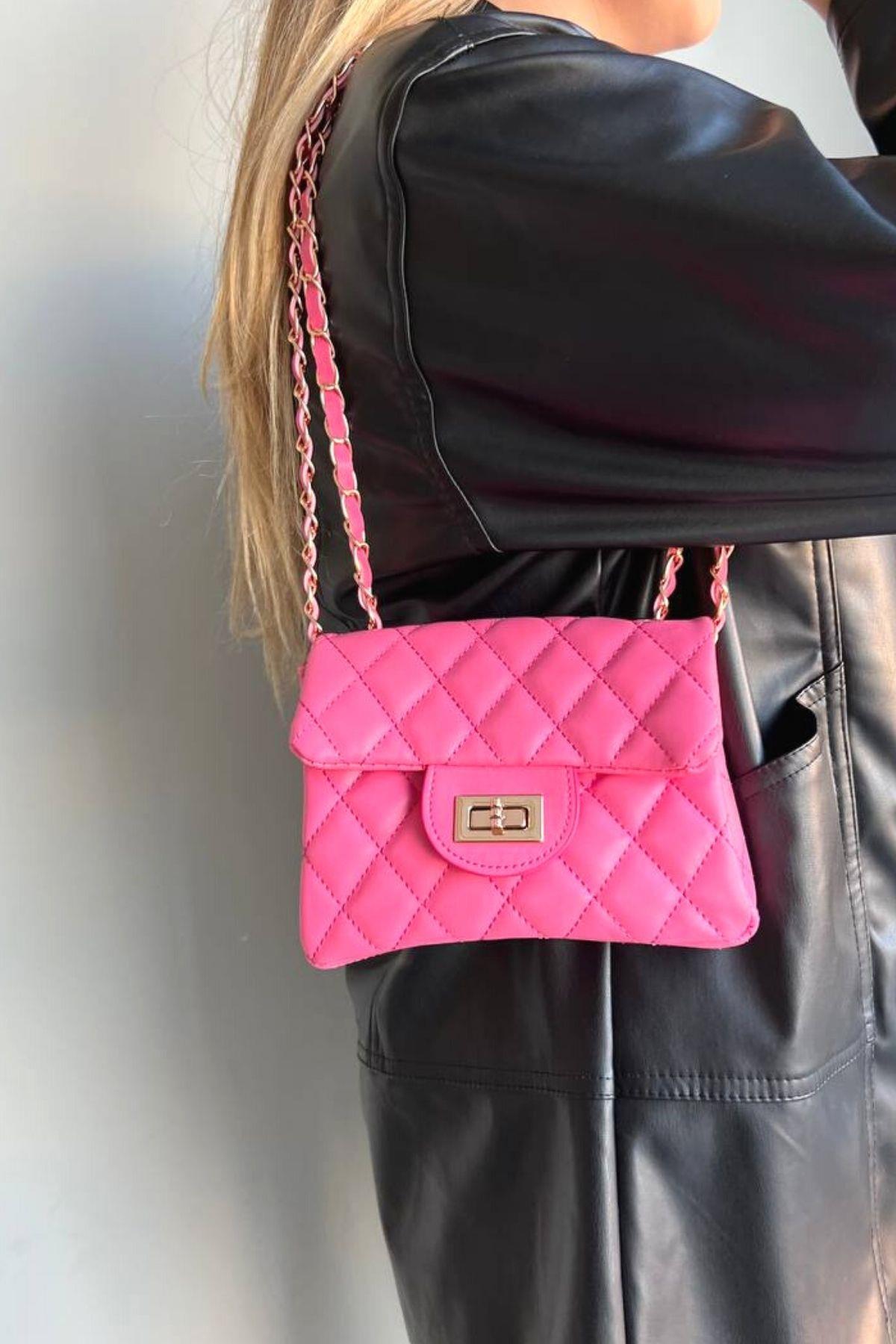 Deri Çapraz Mini Çanta Pembe
