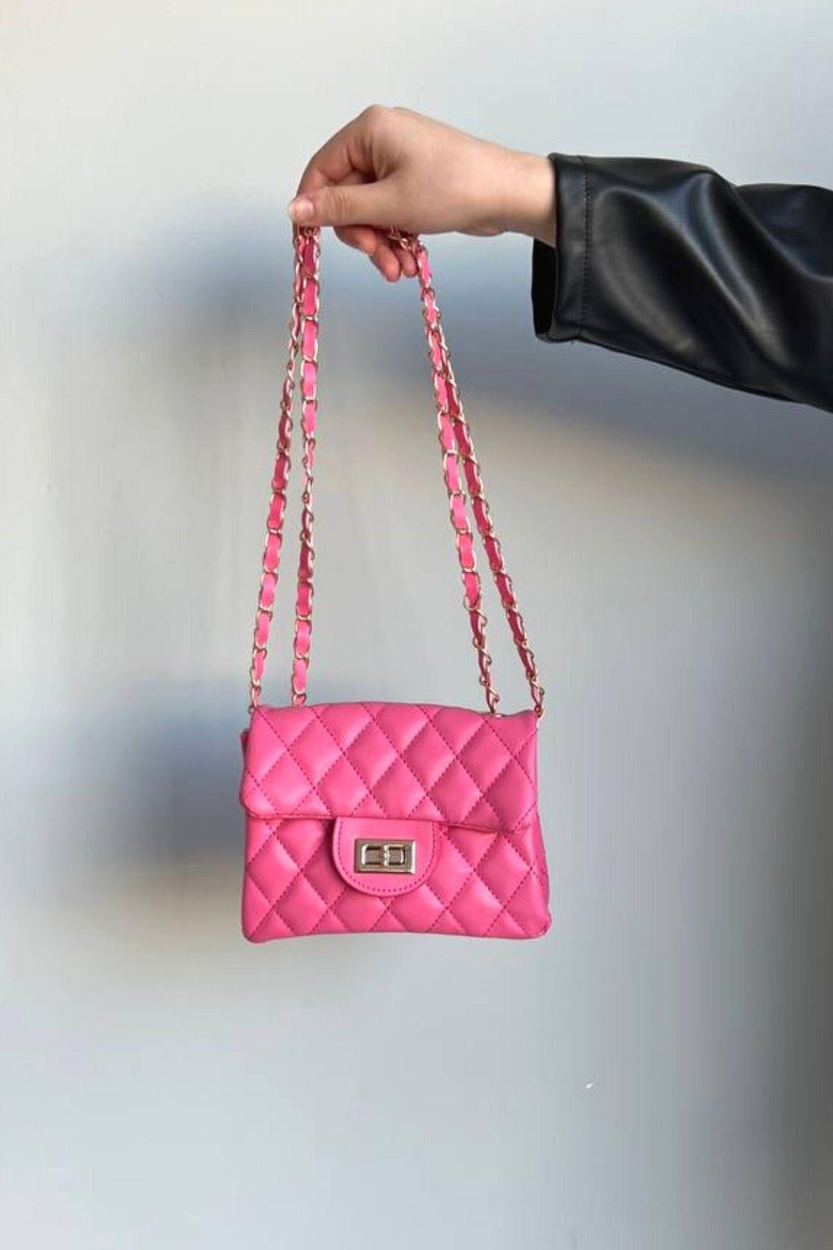 Deri Çapraz Mini Çanta Pembe