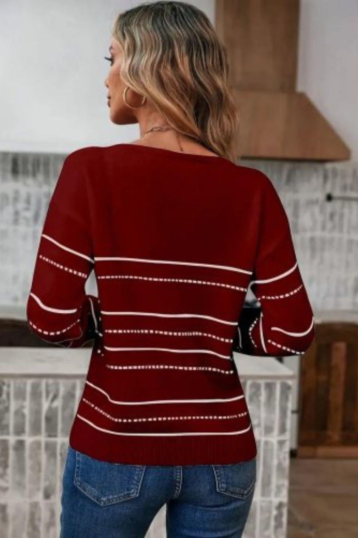Derin V Yakalı Çizgi Desenli Triko Bluz Bordo