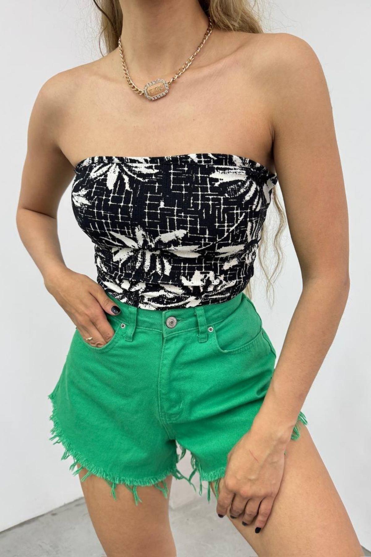Desenli Straplez Crop Bluz Siyah