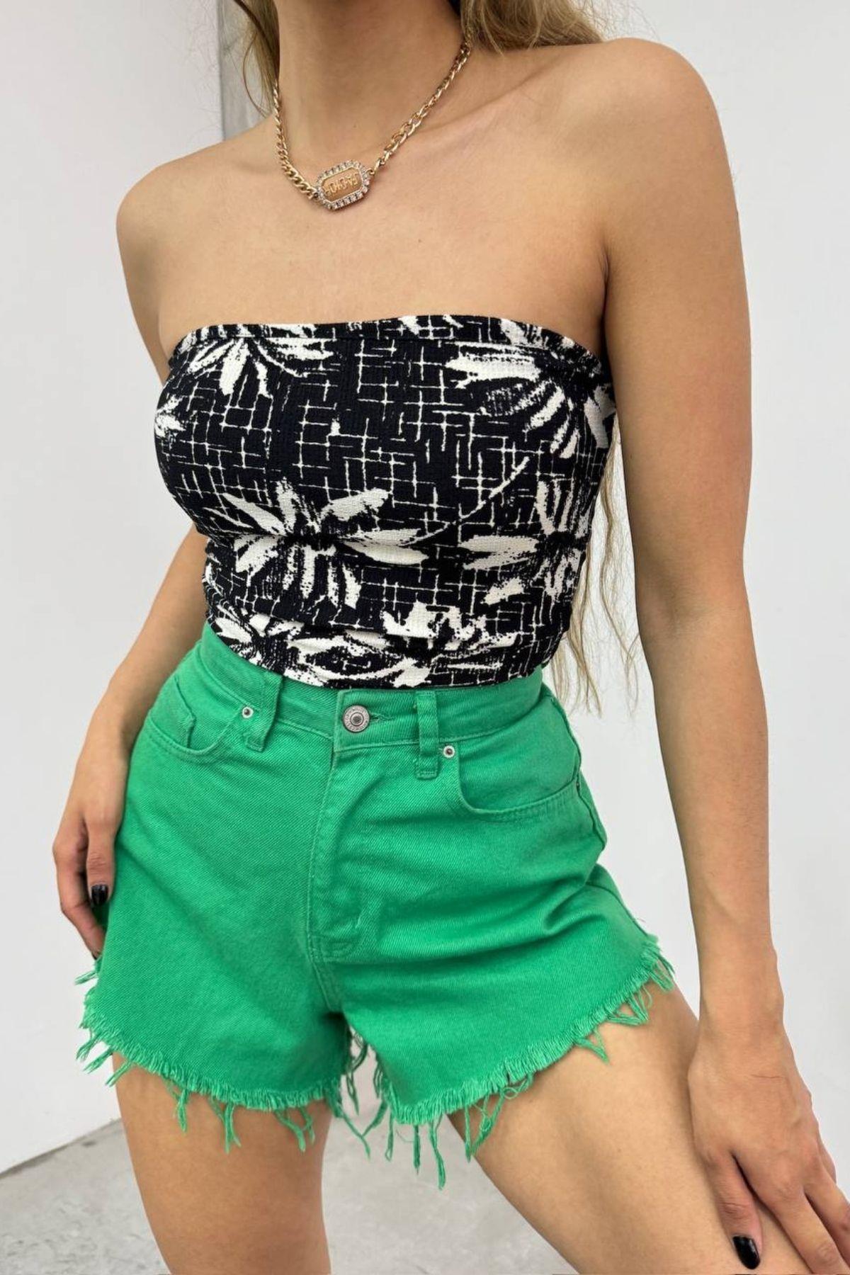 Desenli Straplez Crop Bluz Siyah