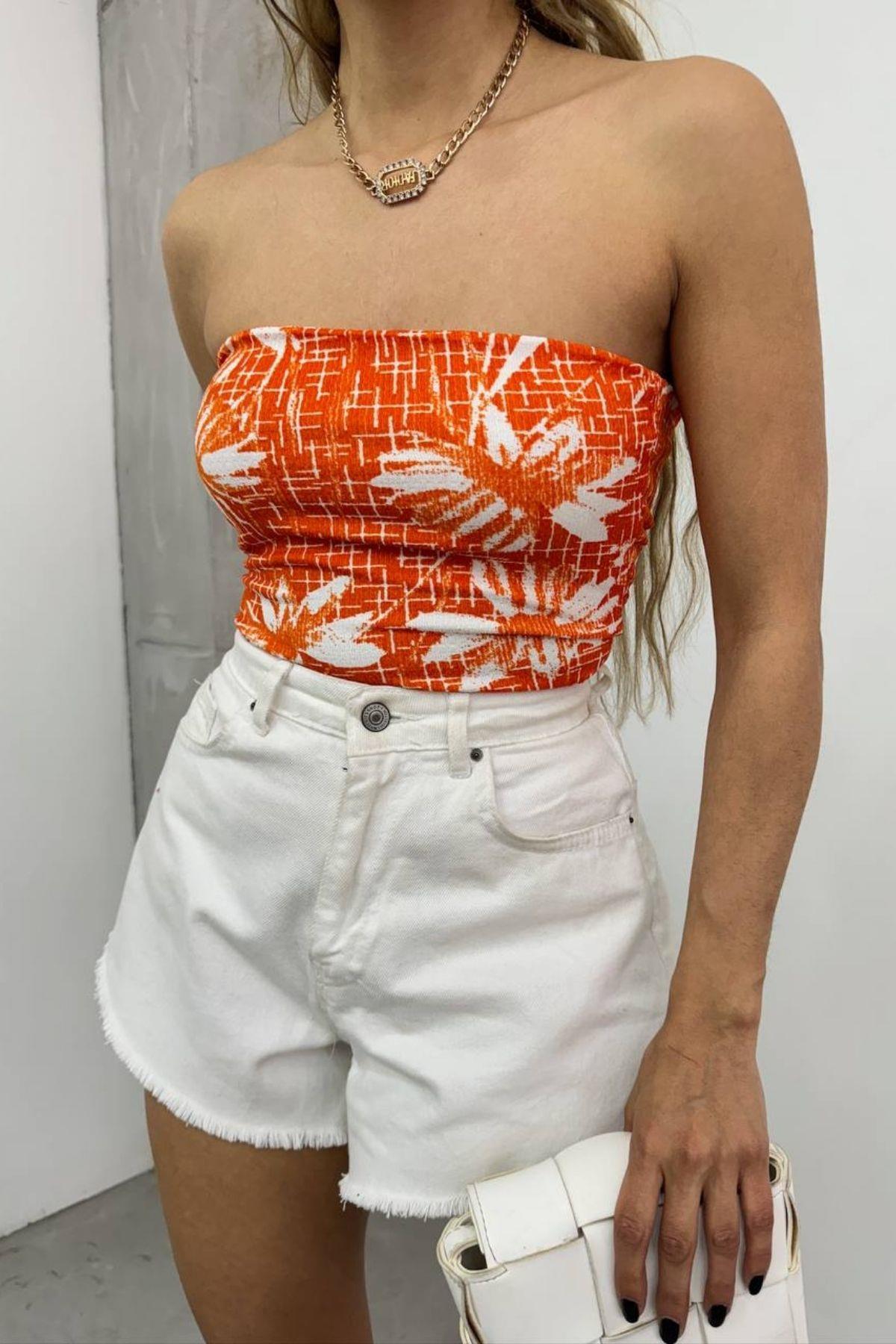 Desenli Straplez Crop Bluz Turuncu