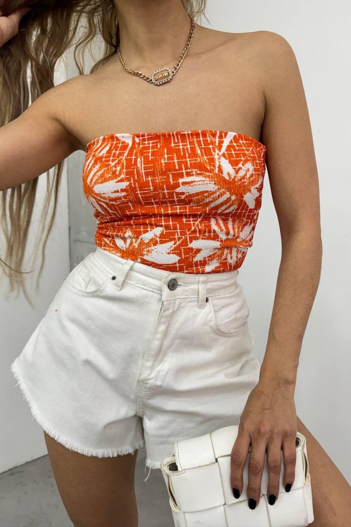 Desenli Straplez Crop Bluz Turuncu