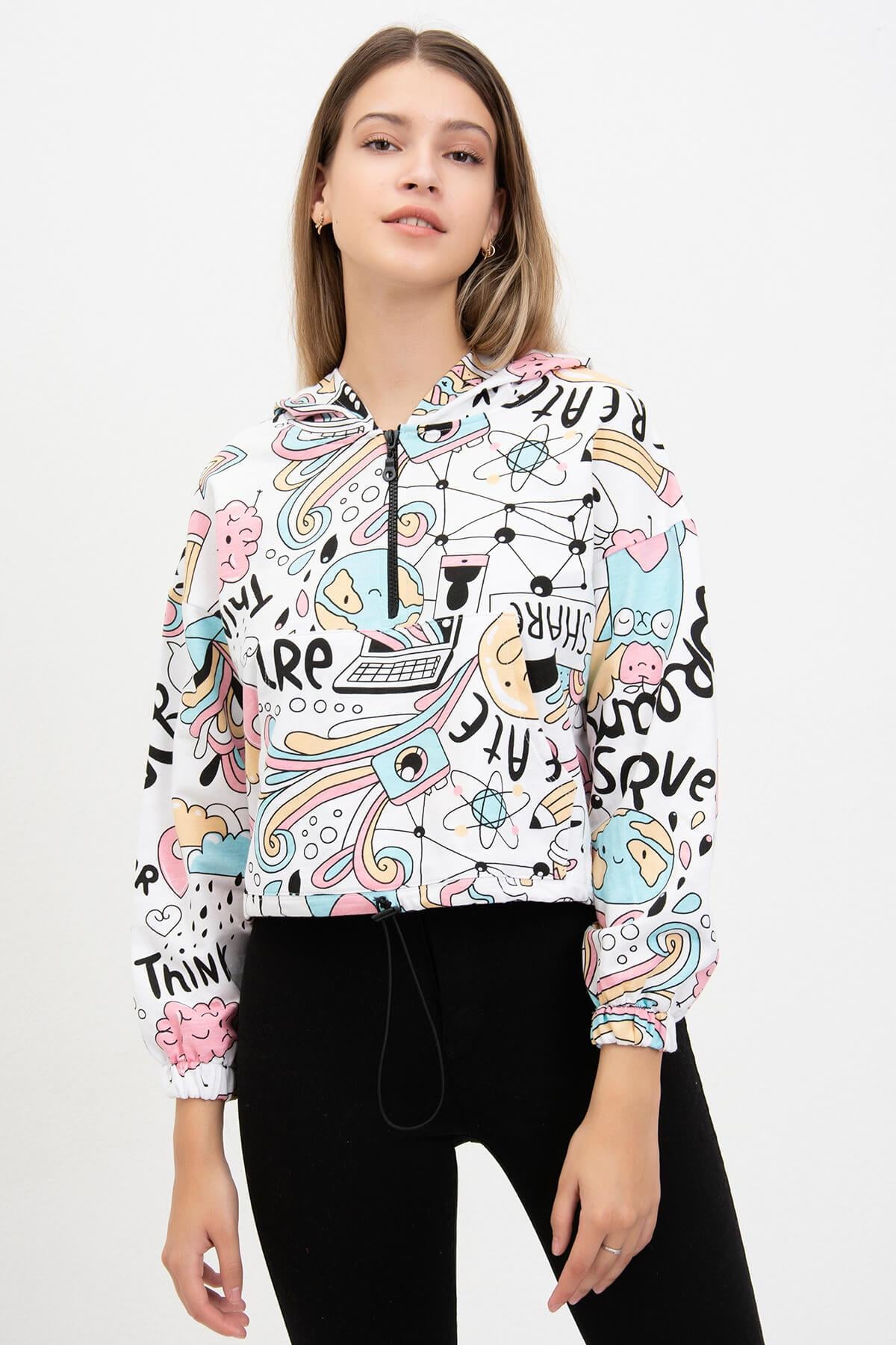 Desenli Sweatshirt Beyaz