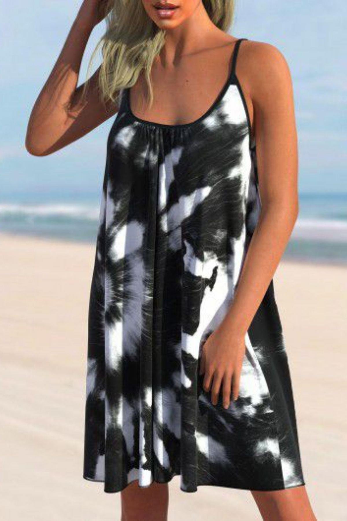 Desenli Yuvarak Yaka Salaş Midi Süprem Elbise Siyah