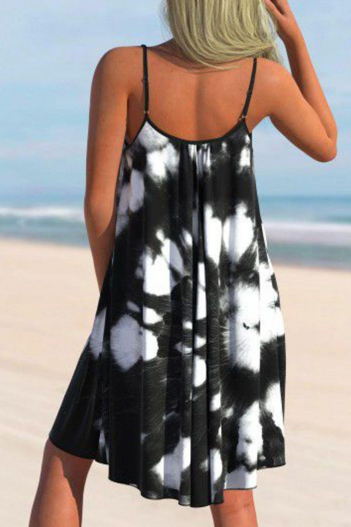 Desenli Yuvarak Yaka Salaş Midi Süprem Elbise Siyah