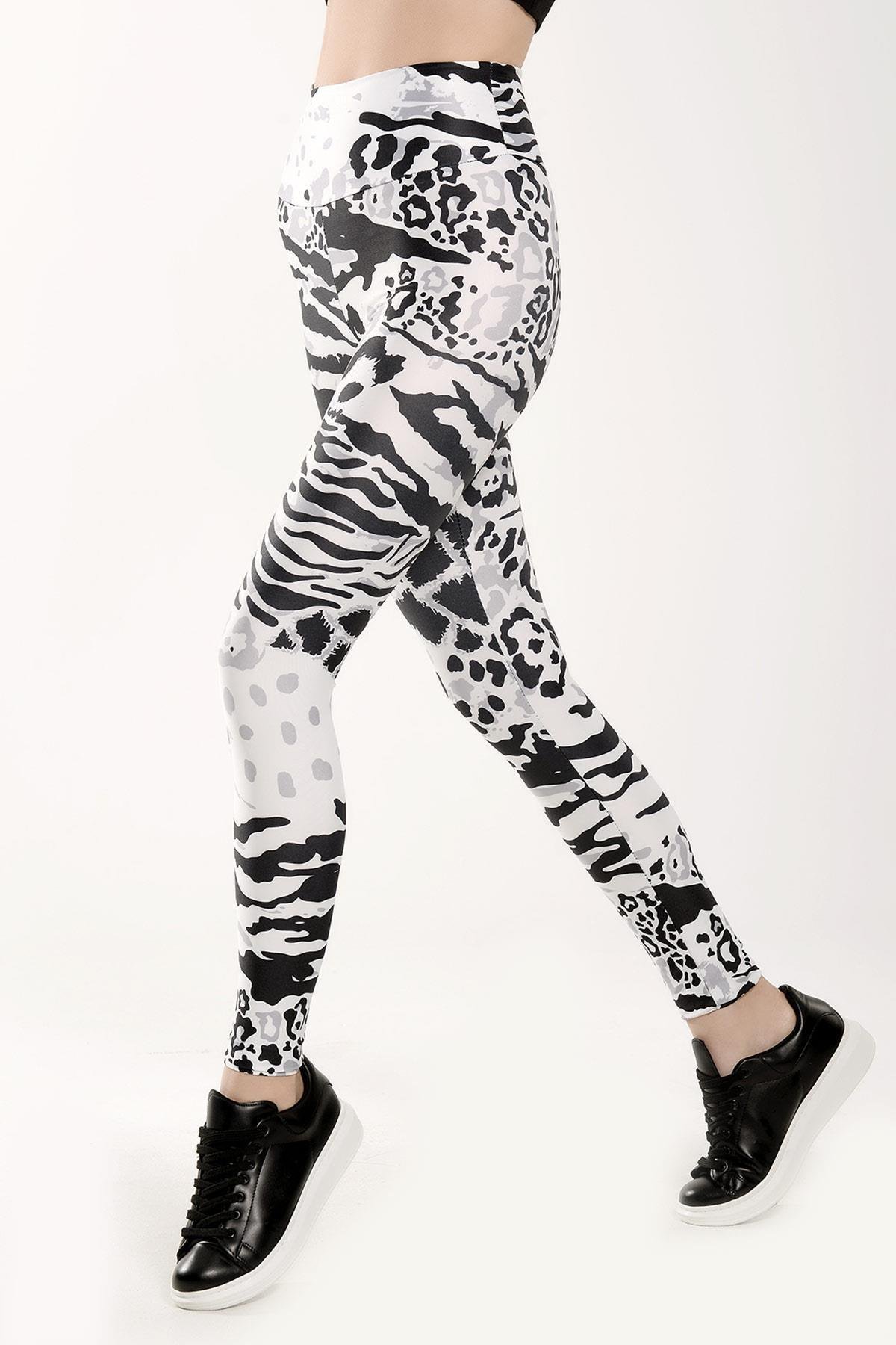 Dijital Baskılı Yüksek Bel Sporcu Tayt Beyaz