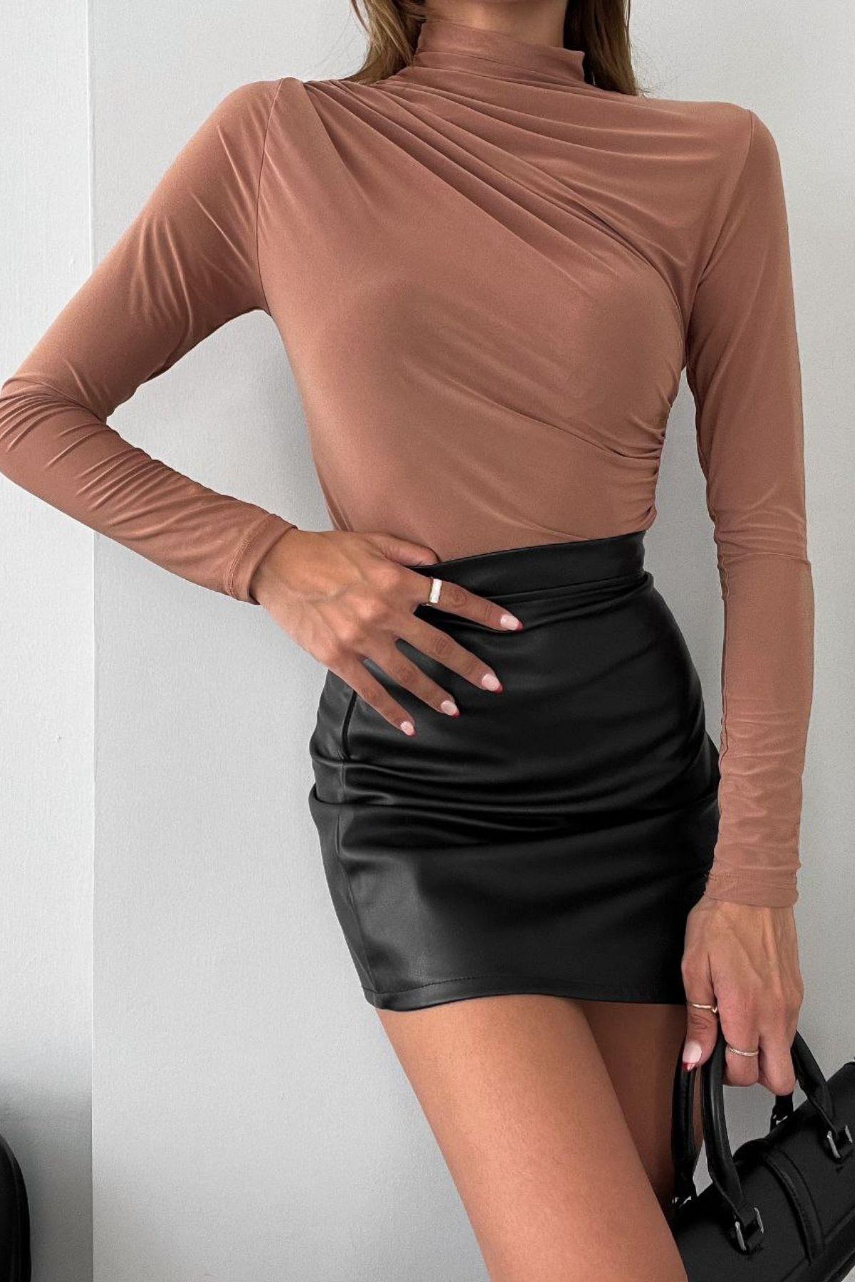 Dik Yaka Drapeli Sandy Bluz Taba