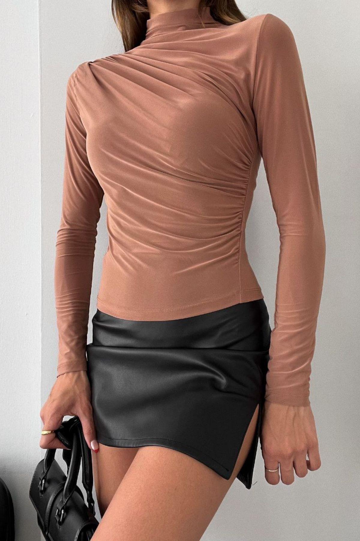 Dik Yaka Drapeli Sandy Bluz Taba