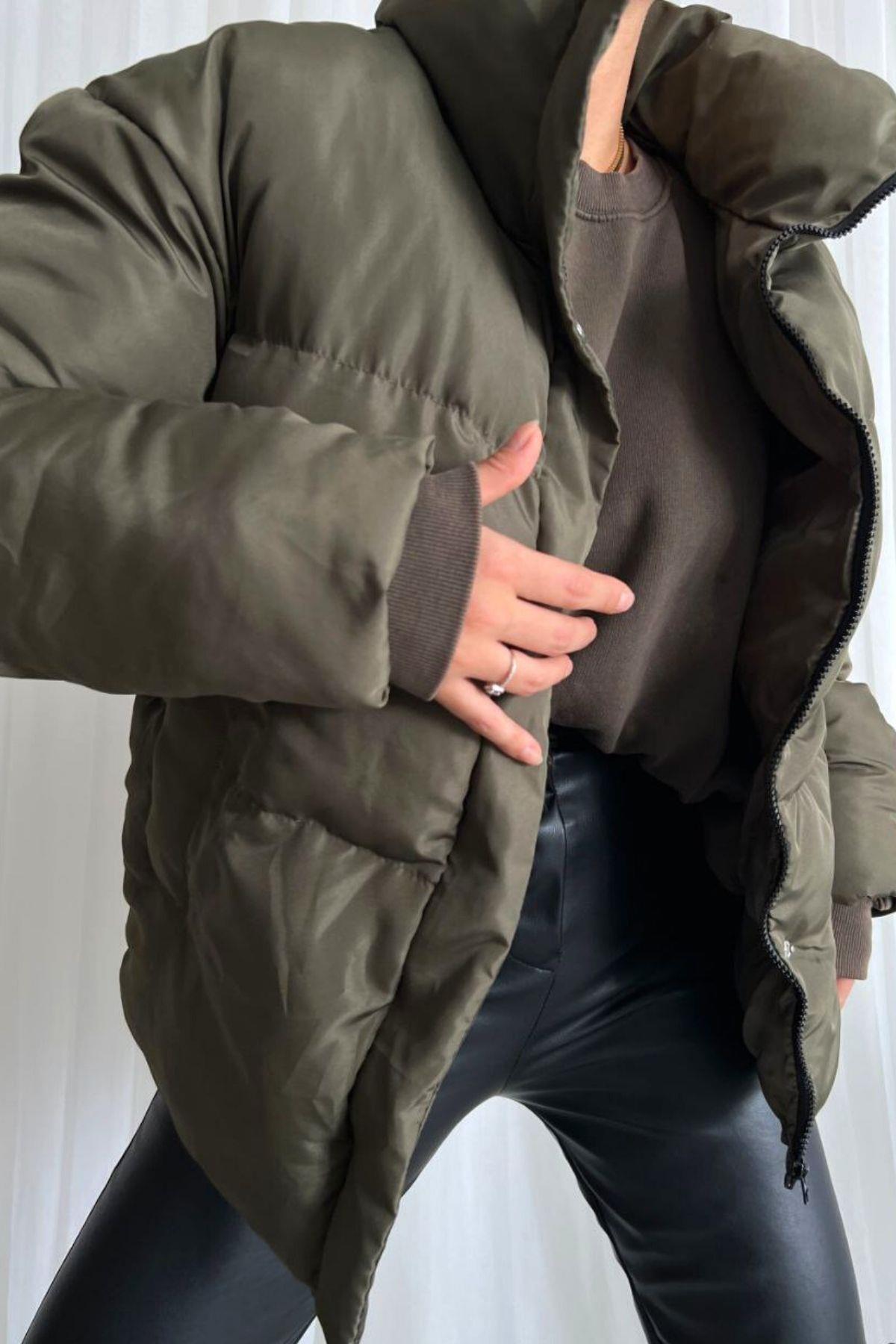 Dik Yaka Şişme Mont Haki