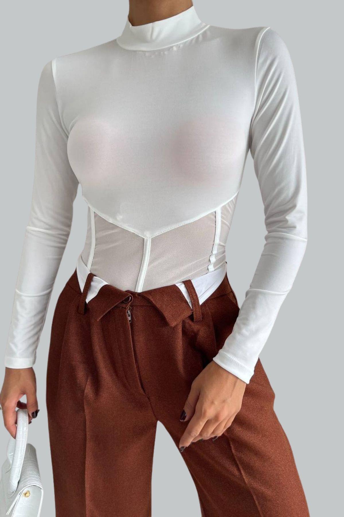 Dik Yaka Tüllü Body Suit Beyaz