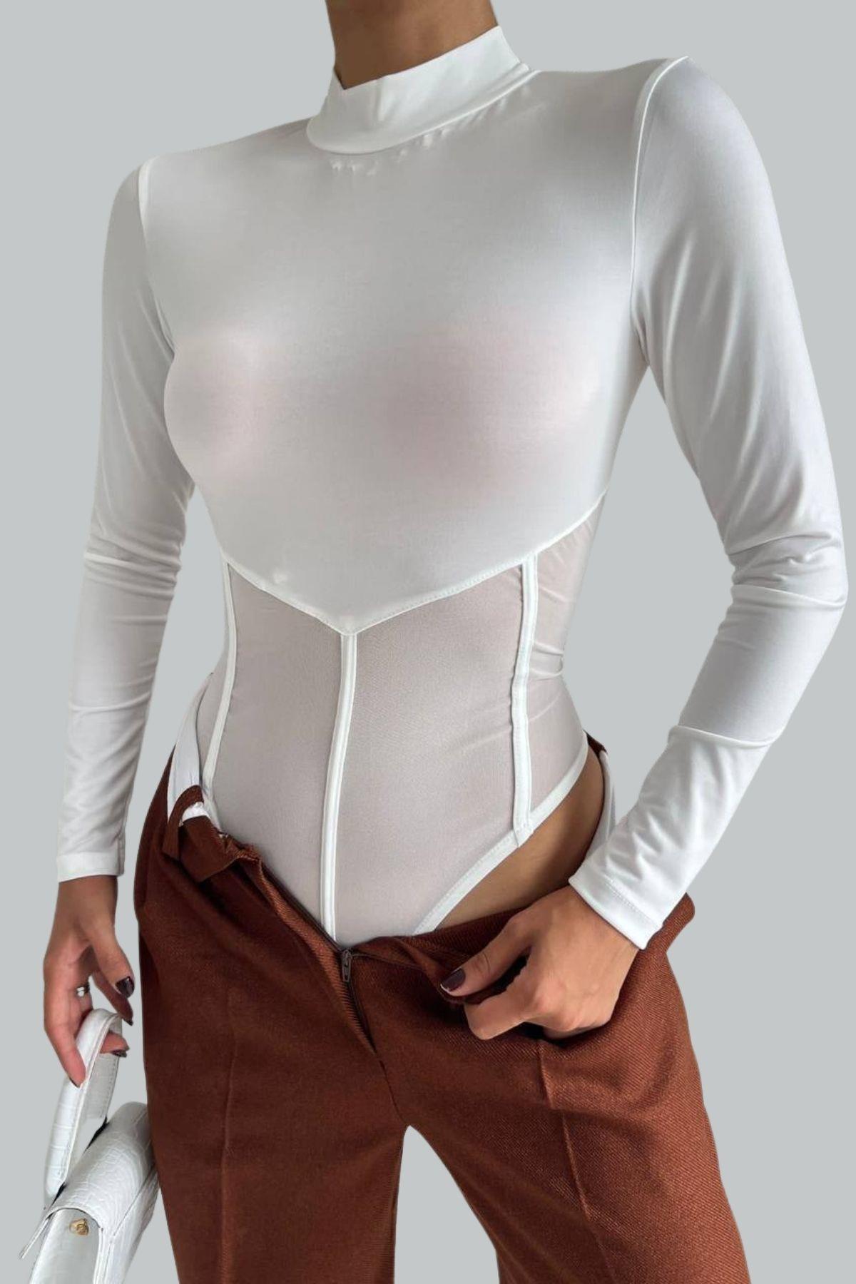 Dik Yaka Tüllü Body Suit Beyaz