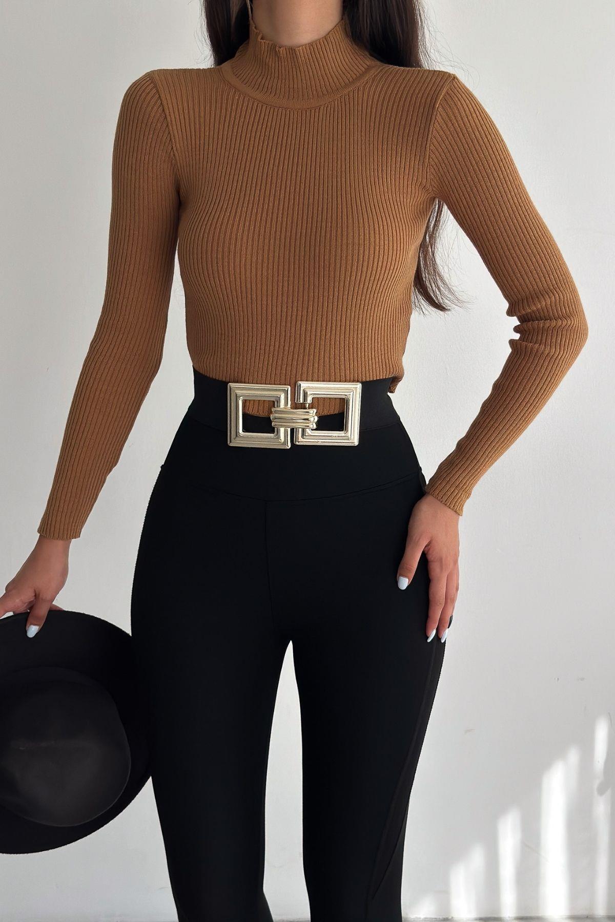 Dik Yaka Uzun Kollu Fitilli Crop Triko Vizon