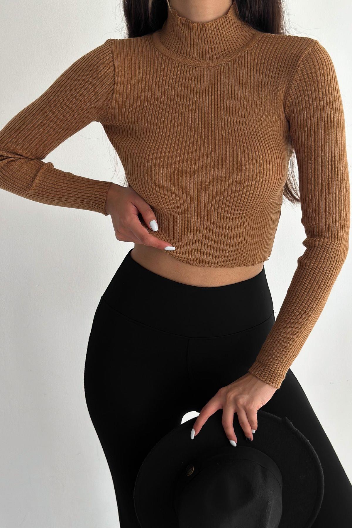Dik Yaka Uzun Kollu Fitilli Crop Triko Vizon