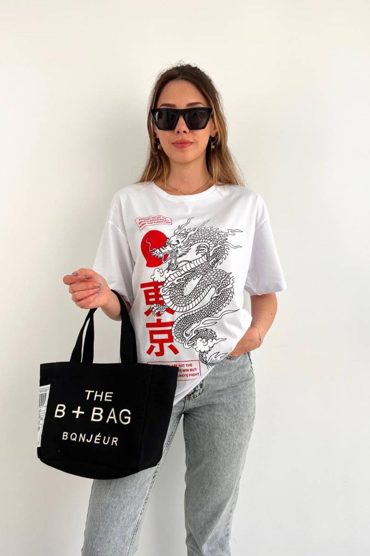 Dragon Desen Basic Kısa Kollu T-Shirt Beyaz