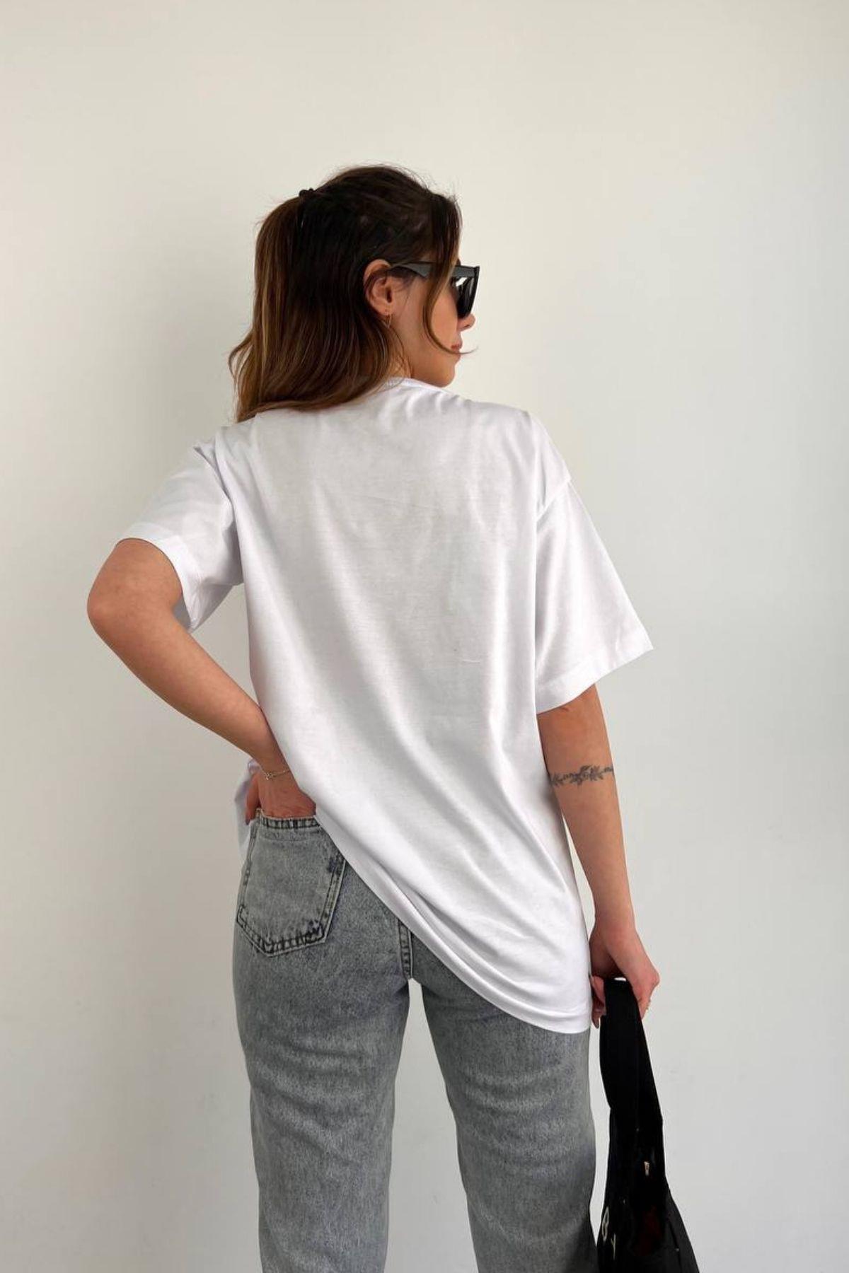 Dragon Desen Basic Kısa Kollu T-Shirt Beyaz