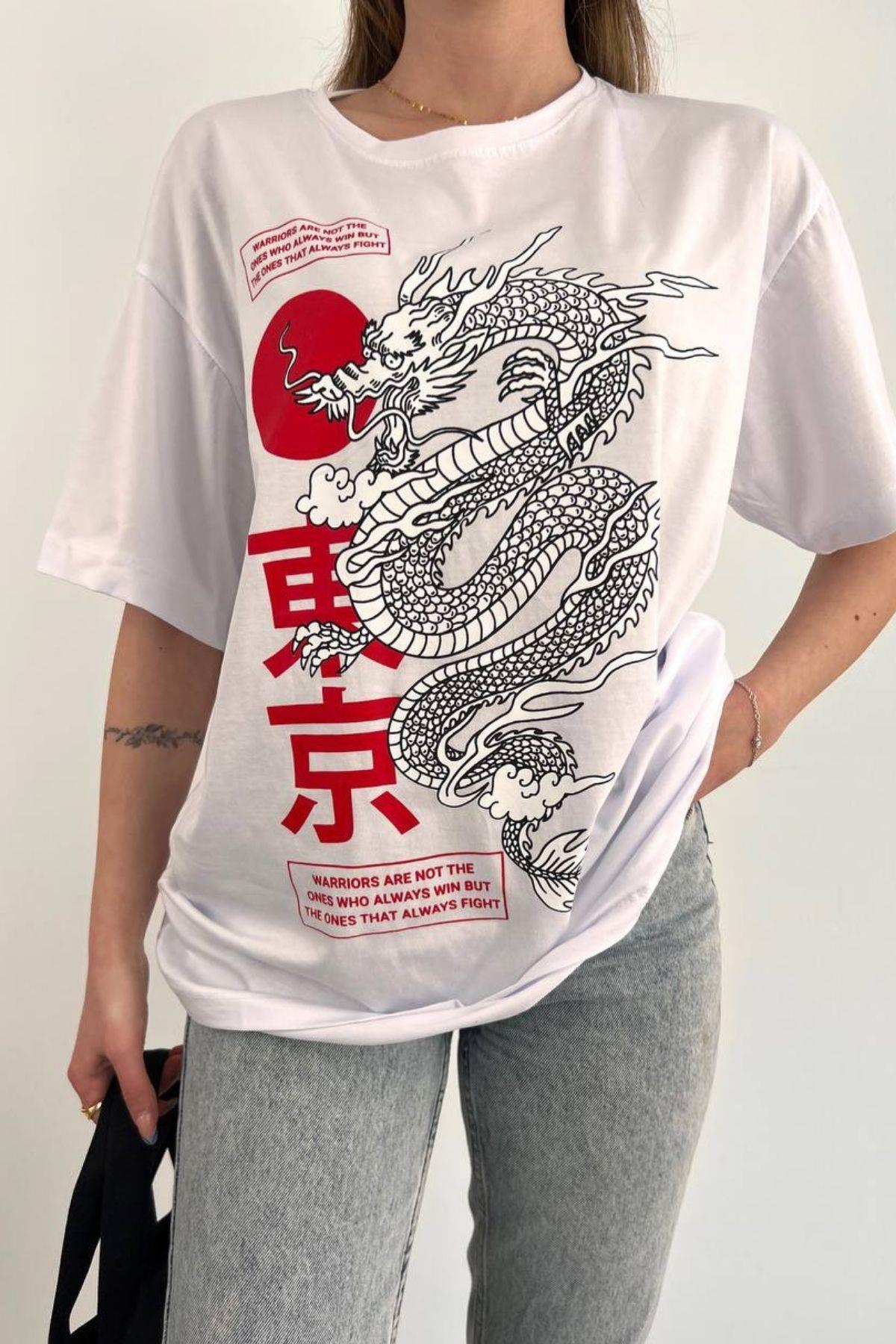 Dragon Desen Basic Kısa Kollu T-Shirt Beyaz