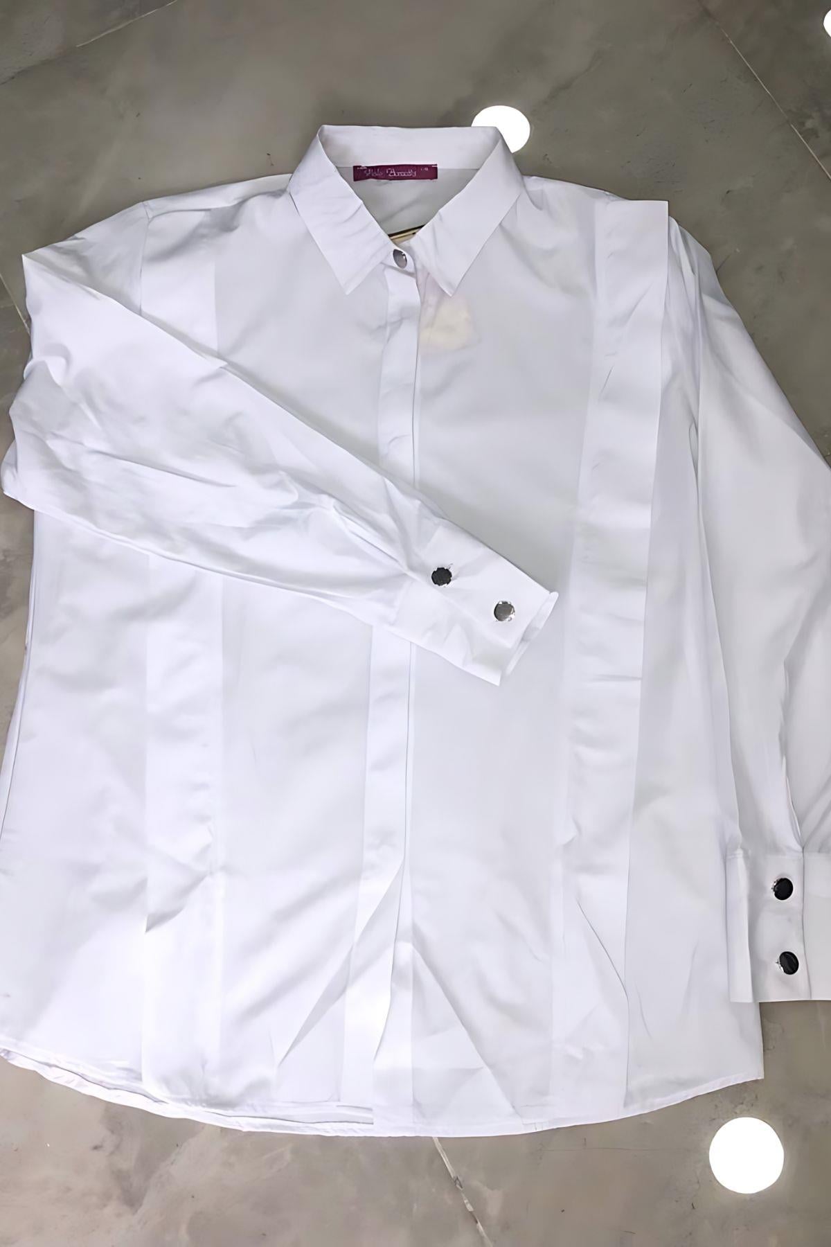 Düğme Detay Tasarım Pamuk Polyester Gömlek Beyaz