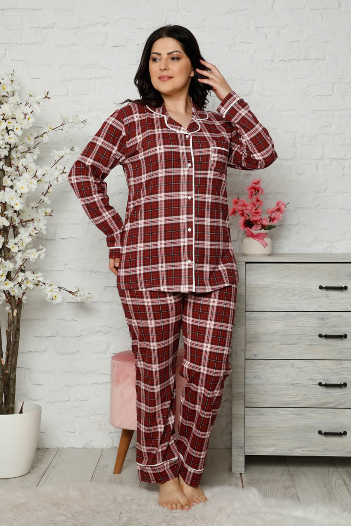 Düğmeli Battal Pijama Takımı Kırmızı