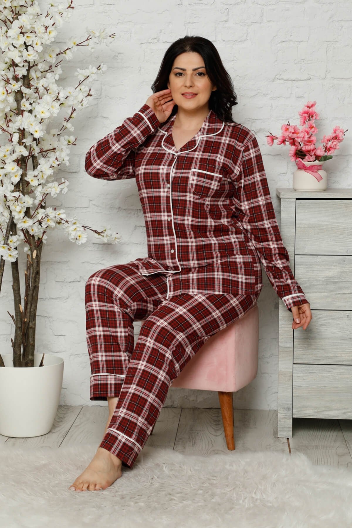 Düğmeli Battal Pijama Takımı Kırmızı